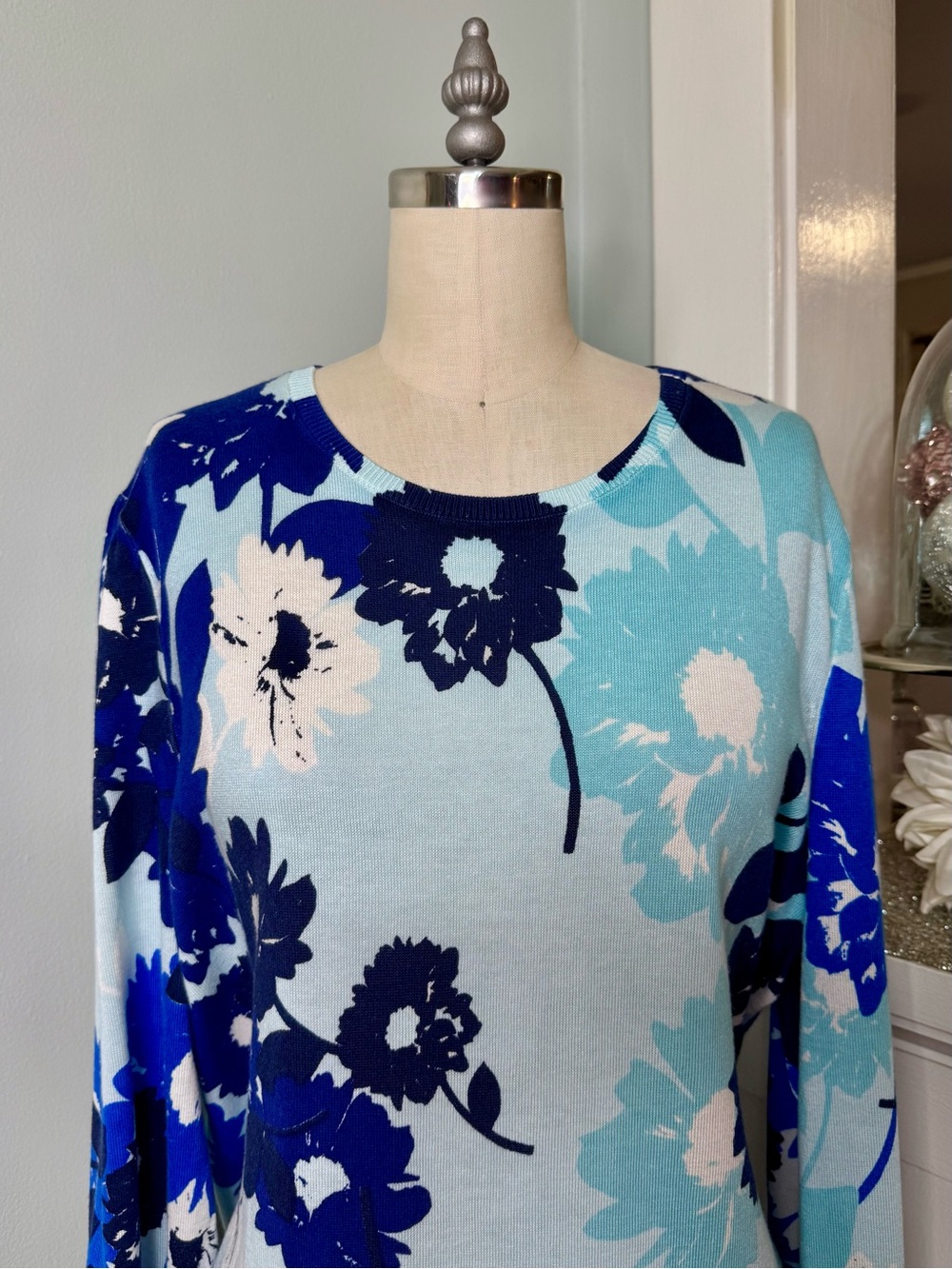 Talbots Blue Abstract Floral Puff Sleeve Sweater Lightweight Cotton Size XL - Picture 4 of 12